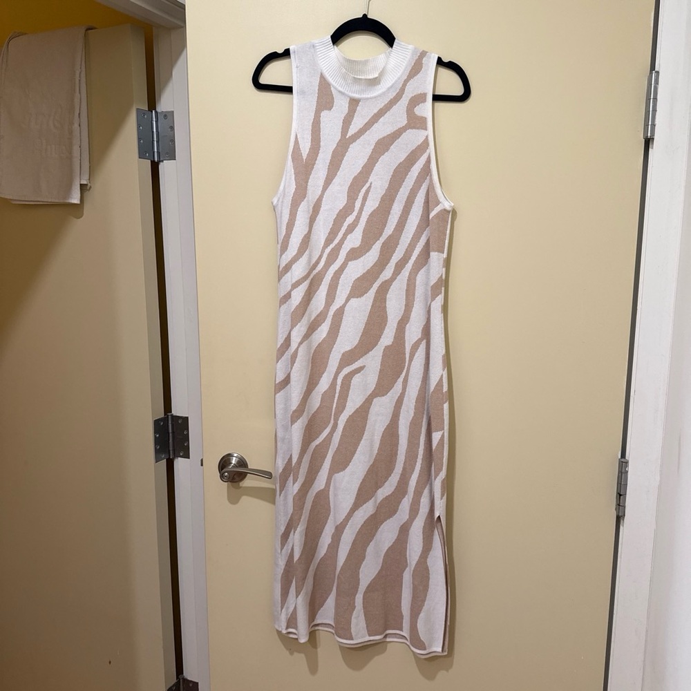 Sleeveless Zebra-Stripe Knit Midi Dress in Beige and White
